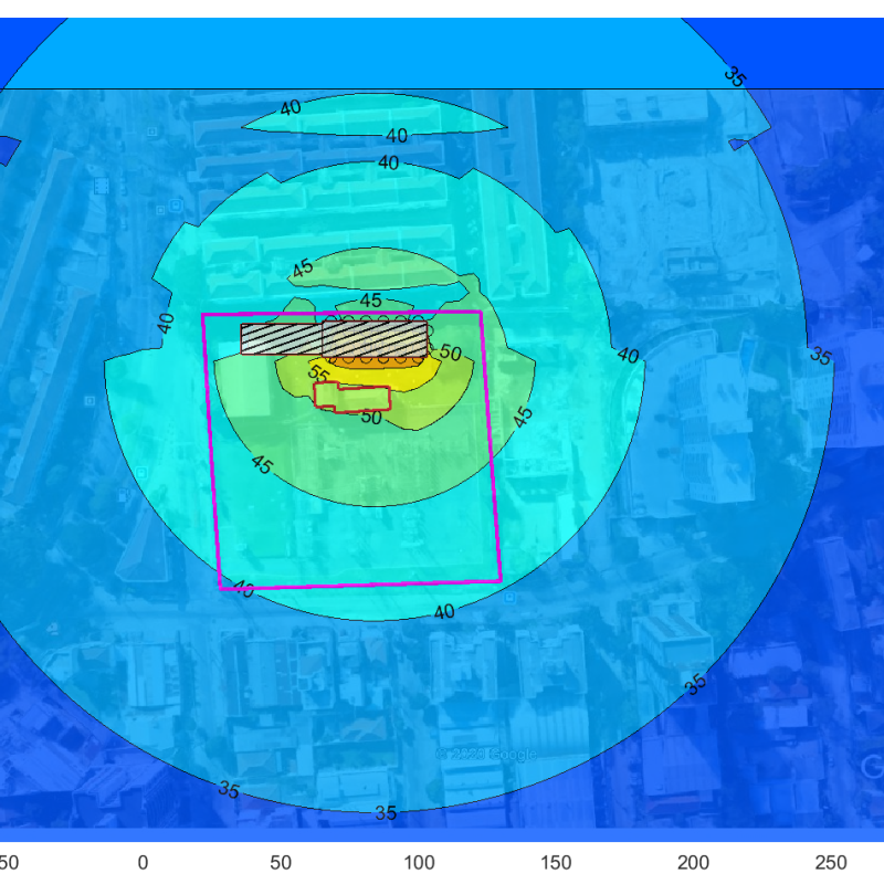 Mapa de ruído gerado para planta industrial da Tractebel na cidade de Porto Alegre/RS
