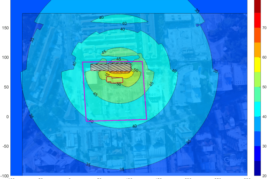 Mapa de ruído gerado para planta industrial da Tractebel na cidade de Porto Alegre/RS