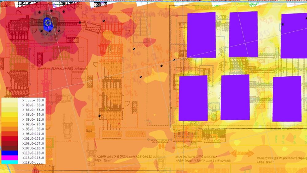 Mapa de ruído antes da implementação da clausura acústica no equipamento