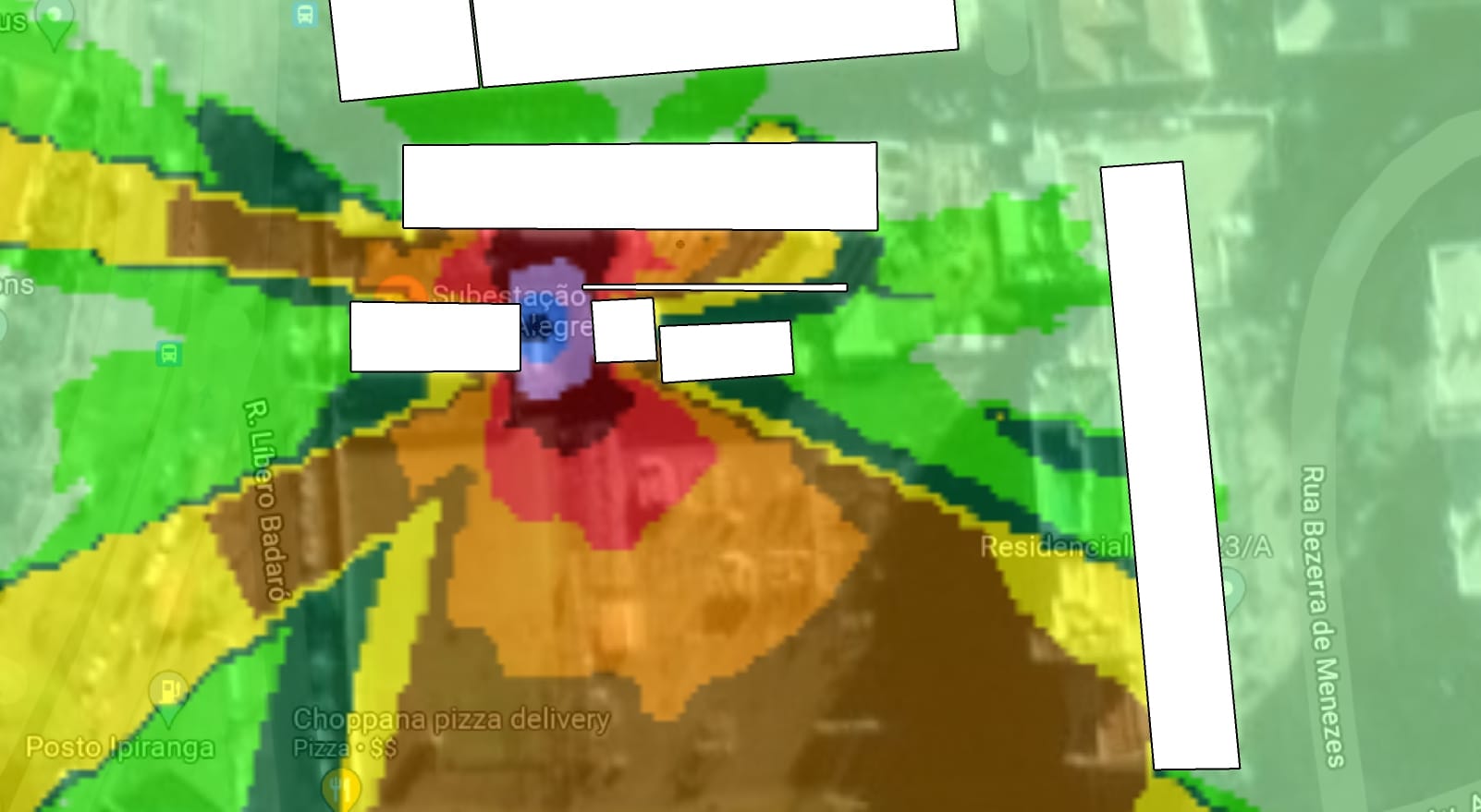 Mapa de propagação sonora da subestação da empresa Engie em Porto Alegre antes do projeto acústico