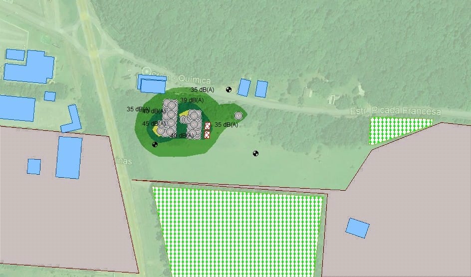 Mapa de propagação sonora de subestação de energia após controle de ruído de geradores de potência