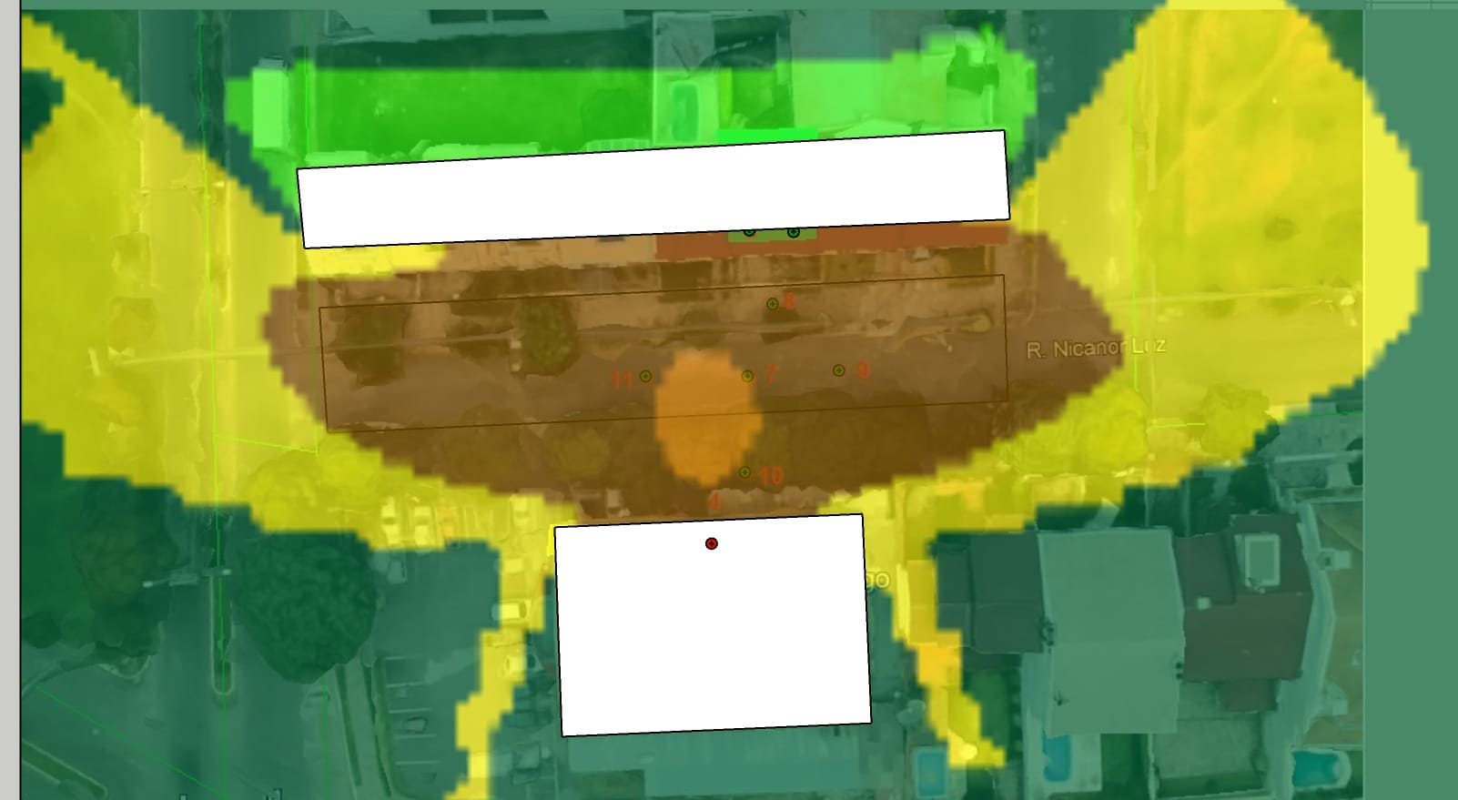 Mapa de ruído antes da instalação da barreira acústica em frente a condensadora do supermercado em Porto Alegre