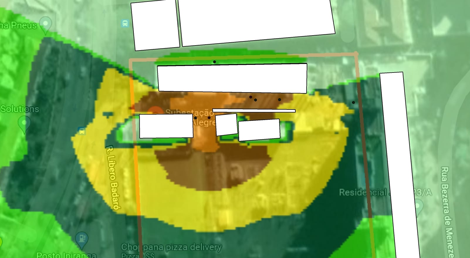 Mapa de ruído da subestação elétrica da empresa Engie após a realização do projeto acústico