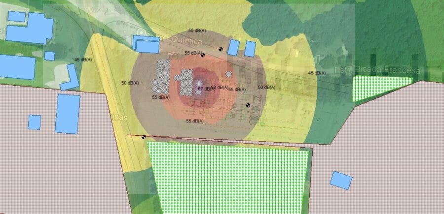 Mapa de ruído de subestação de energia elétrica antes da aplicação das soluções de controle