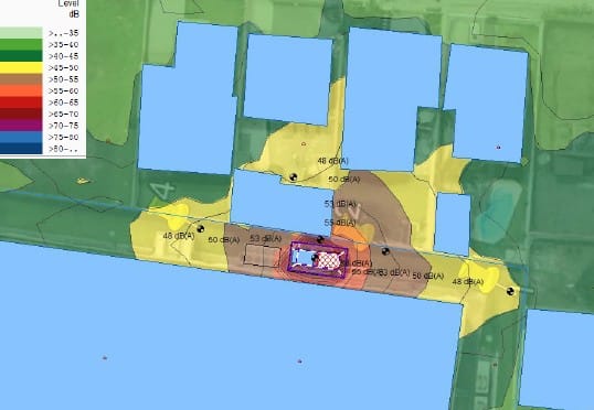 Mapa de ruído utilizado em Estudo de Impacto à Vizinhança (EIV) para avaliação acústica de empreendimento em São José dos Campos.